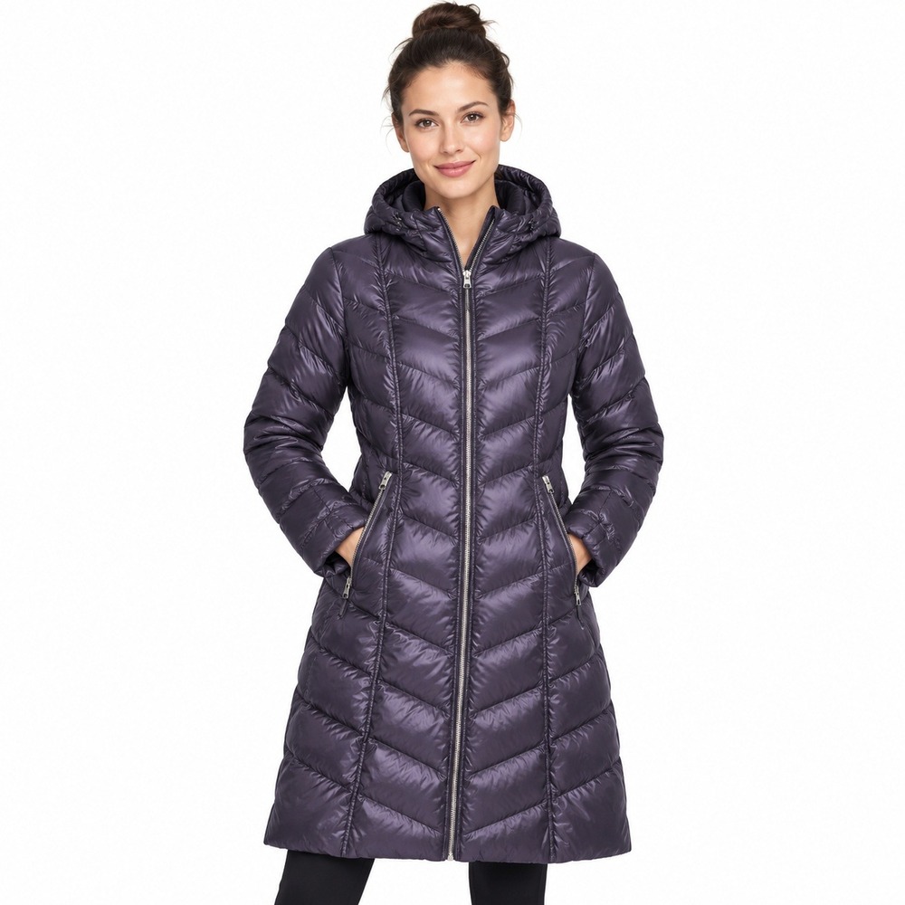 Calvin Klein Puffer Coat Womens L Navy Blue Hooded Down Quilted Jacket CW412047